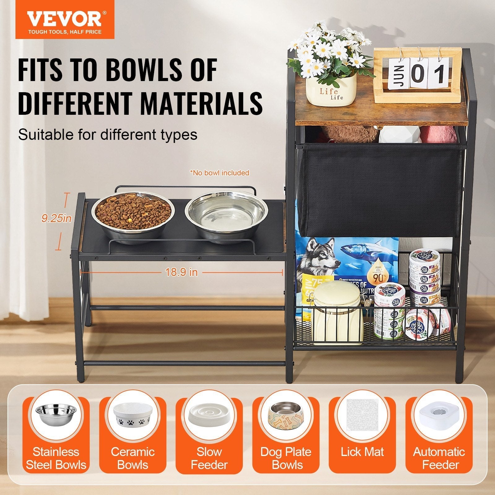 Pet Feeding Station with Storage for Dog Food and Toy Organizer - Raised Dog Bowls