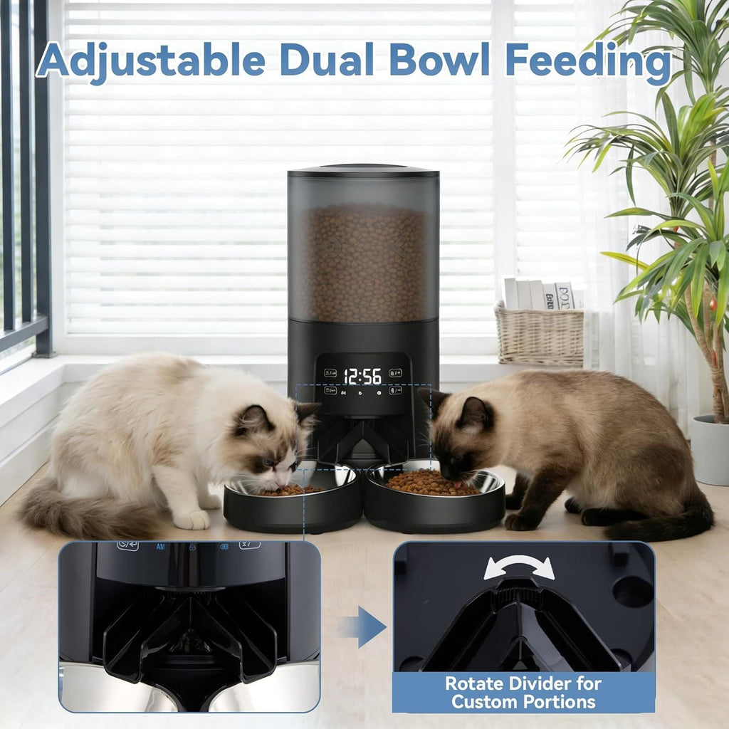 6L Automatic Cat Feeder for 2 Cats, Timed Cat Food Dispenser with 2 Stainless Bowls, 10s Voice Recorder, Dual Power Supply, 6 Meals 50 Portions Per Day, Dual Pet Feeder for Cat and Dog