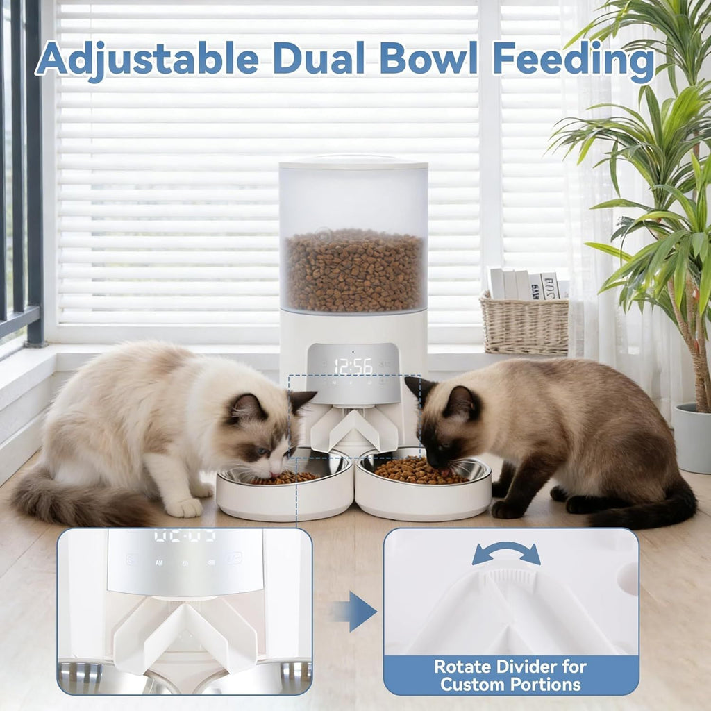6L Automatic Cat Feeder for 2 Cats, Timed Cat Food Dispenser with 2 Stainless Bowls, 10s Voice Recorder, Dual Power Supply, 6 Meals 50 Portions Per Day, Dual Pet Feeder for Cat and Dog